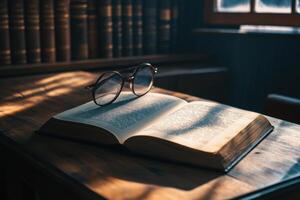 Open book with glasses on a wooden table in a library with sunbeams shining through the window. photo