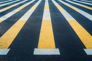Yellow and white crosswalk stripes on a black asphalt road. photo
