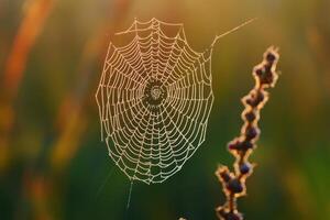 Dew-covered spiderweb with golden light shining through. photo