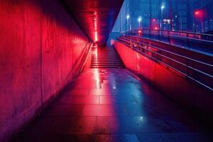 Neon lit underpass with red and blue lights. photo