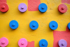Colorful round objects attached to a yellow wall. photo
