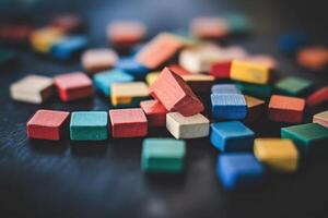 Colorful wooden blocks scattered on a dark surface. photo