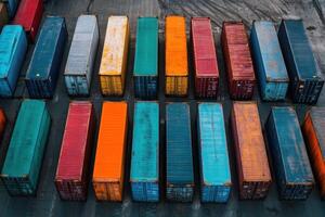 Colorful shipping containers stacked in a row at a port. photo