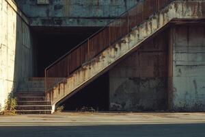 Concrete stairs leading to a dark doorway, with a rusty handrail. photo