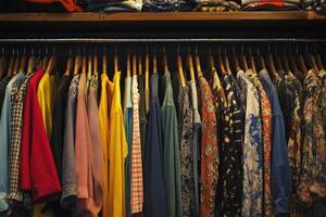 Colorful shirts hanging on a rack in a clothing store. photo