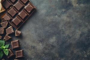 Dark chocolate bar broken into pieces with fresh mint leaves on a dark background. photo