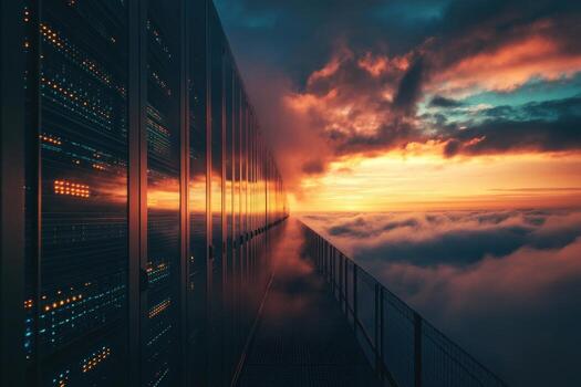 Data center servers on platform above clouds at sunset. photo