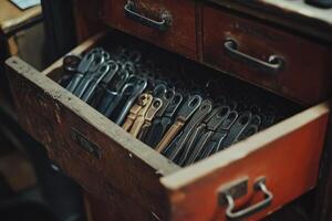 Open drawer filled with various metal tools. photo