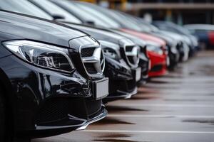 Row of new cars in a dealership lot. photo