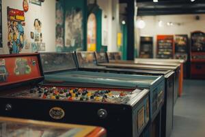 Row of vintage pinball machines in an arcade. photo