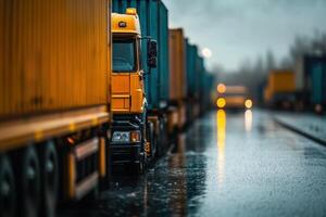 Semi-trucks parked in a row on a wet street. photo