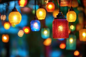 Colorful string lights hanging outdoors, glowing softly in the evening. photo