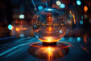 Crystal ball reflecting city lights at night. photo