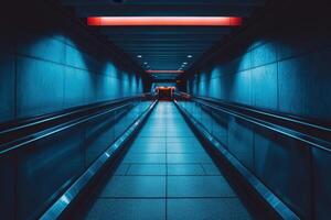 Empty moving walkway in a blue lit tunnel. photo