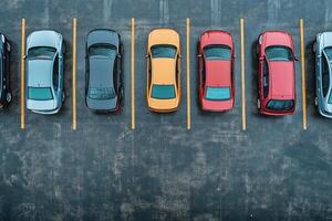 Overhead view of parked cars in a row with yellow lines. photo