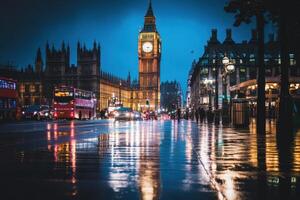 Night view of Big Ben and Houses of Parliament with reflections in wet street. photo