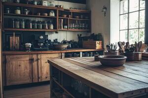 Rustic kitchen island with wooden countertop, shelves, and cabinets. photo