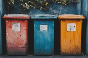 Three colorful recycling bins lined up against a wall. photo