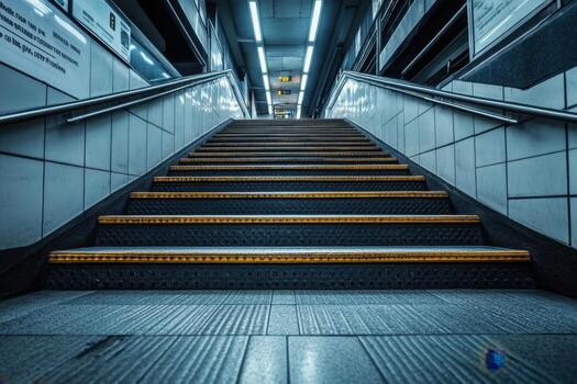 A perspective shot of a staircase inside a subway station. photo