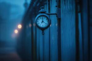 Vintage clock on a fence in a foggy, blue-toned environment. photo