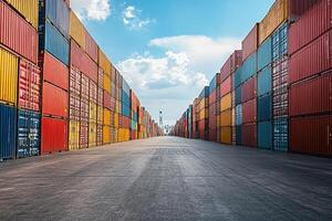 A long row of colorful shipping containers at a port. photo