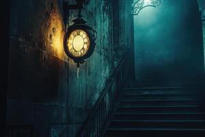 An antique clock hangs on a stone wall in a dimly lit hallway with stairs leading up. photo