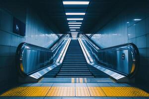 An empty escalator leading up to a lit hallway in a subway station. photo