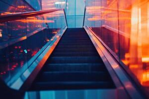 A futuristic looking escalator with orange and blue lighting. photo