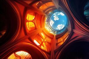 Circular skylight in a cathedral with dramatic lighting. photo