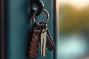 A close-up of a set of keys hanging on a door handle. photo