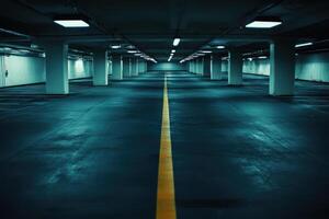 Empty underground parking garage with a yellow line down the center. photo