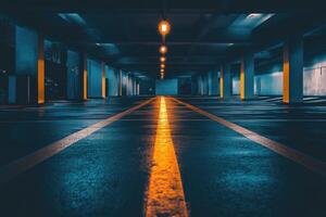 Empty parking garage with yellow lines and dim lighting. photo
