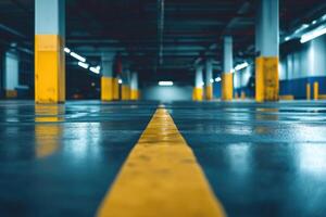 Empty parking garage with yellow lines in the center of the floor. photo