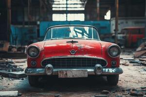 Red vintage car in abandoned garage. photo