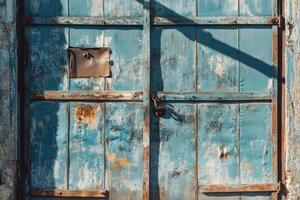 Weathered blue door with rusty lock and broken window pane. photo