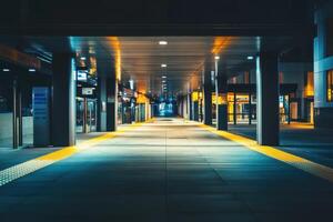 Empty walkway at night with yellow lines and lights in the distance. photo
