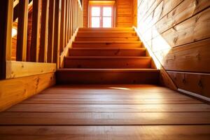 Wooden staircase with sunbeams shining through window. photo
