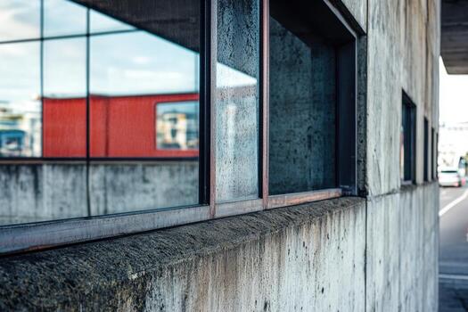 A close-up shot of a window reflecting a building. photo