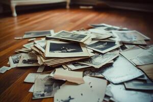 A pile of old photographs scattered on a wooden floor. photo