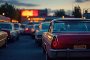 A line of classic cars wait at a drive-in movie theater at dusk. photo