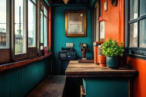 A small, colorful cafe with wooden bench, table, and window. photo