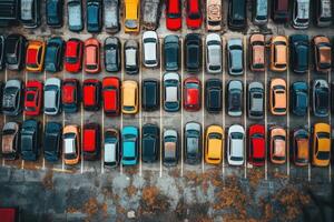 Aerial view of a full parking lot with colorful cars. photo