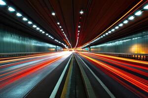 A long exposure shot of a highway tunnel, illuminated by streaks of red, white, and yellow light. photo