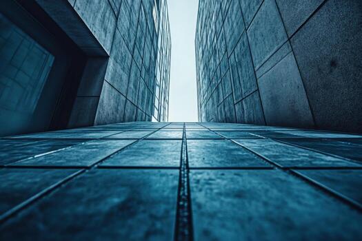 A low angle view of a narrow pathway between two tall buildings. photo