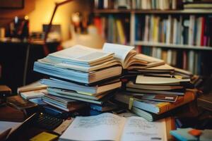 A messy desk with stacks of books and papers, a calculator, and a notebook. photo
