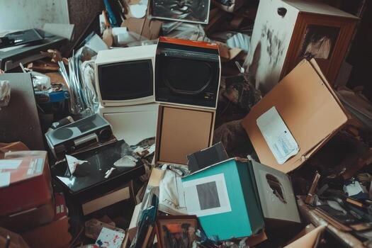 A pile of old electronics and other items in a cluttered room. photo
