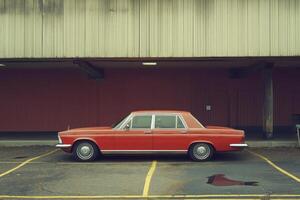 A red vintage car parked under a canopy. photo