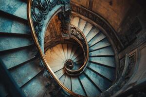 A spiral staircase with ornate details, viewed from below. photo