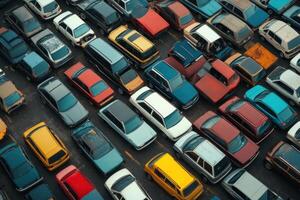 A top-down aerial view of a large parking lot filled with cars, all neatly parked in rows. photo