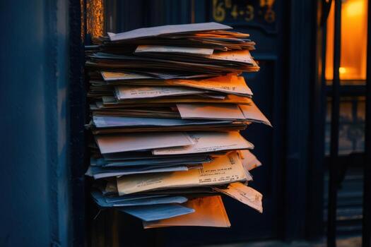 un apilar de correo desbordante desde un buzón. foto